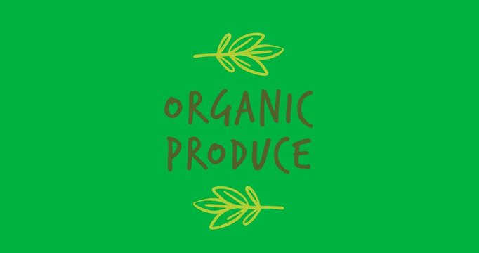 Digital animation of organic produce text banner with leaves icon against black background