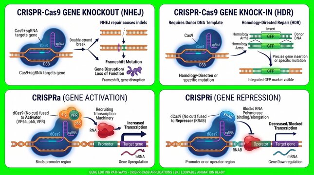 A detailed infographic illustrating CRISPR-Cas9 gene editing techniques including knockout, knock-in, activation, and repression