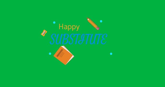 Happy substitute text with pencil, books and sharpener icons against black background