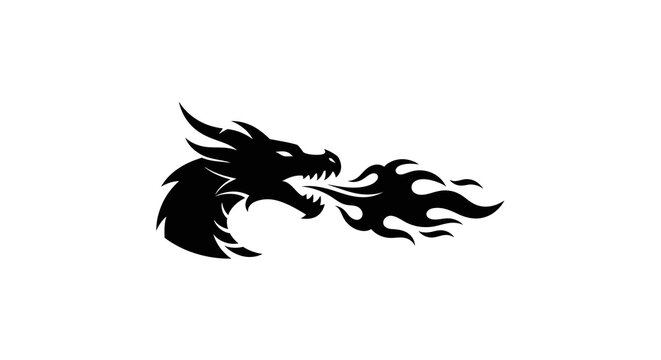 Black dragon head silhouette breathing fire, isolated on white background. Fantasy creature.