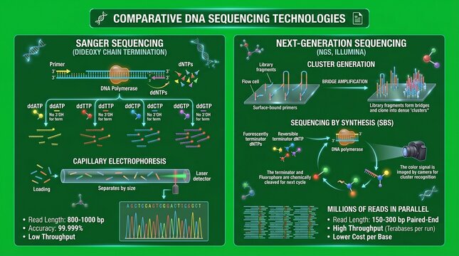 A comparative infographic of Sanger sequencing and next-generation DNA sequencing technologies
