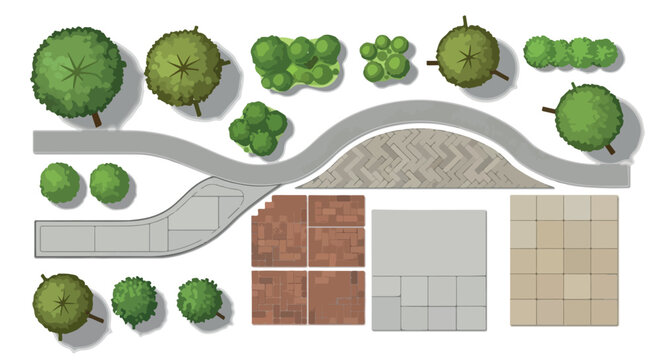 Landscape design elements in top view, architectural site plan symbols with green trees and shrubs, paving textures and garden paths for masterplan