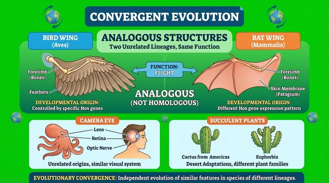 An infographic explaining the concept of convergent evolution in biology with examples of analogous structures