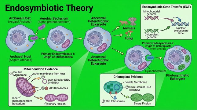 An infographic illustrating the Endosymbiotic Theory, explaining the evolution of mitochondria and chloroplasts in eukaryotic cells.