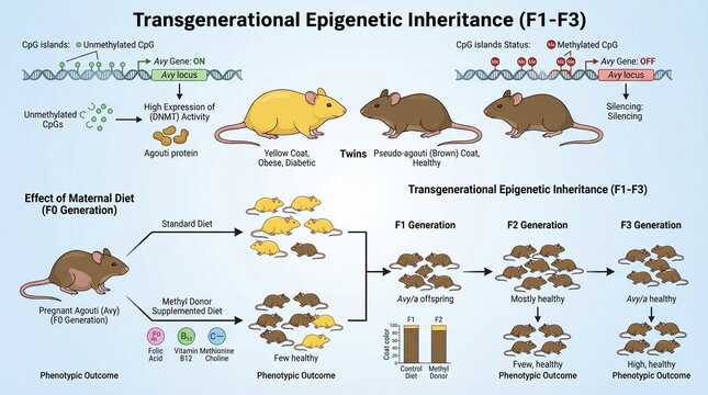 An infographic explaining the concept of transgenerational epigenetic inheritance in mice