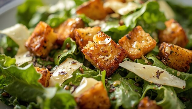 Macro shot of Caesar salad showing crunchy romaine leaves, toasted croutons, and delicate Parmesan shavings with droplets of dressing.