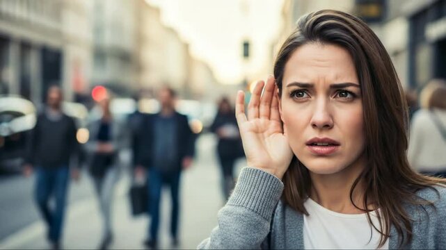 A young woman experiencing hearing difficulty, struggling to discern sounds in a bustling city street, illustrating ear problems and the concept of deafness, sensory challenges