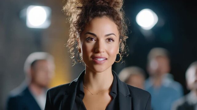 Confident Professional with Focus: A striking professional woman stands poised and self-assured, radiating confidence and focus. The warm lighting and blurred background add depth.