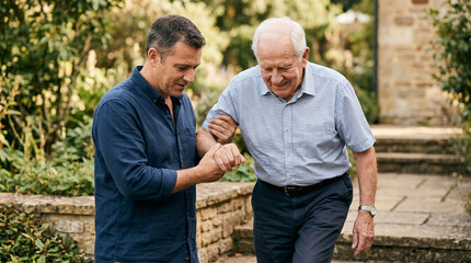 Fototapeta premium Two senior men talking in the garden.