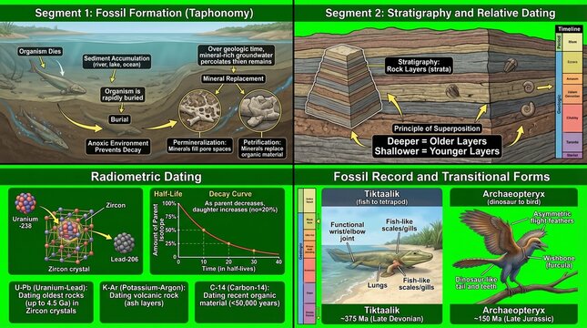 An educational infographic about fossil formation and dating methods in geology