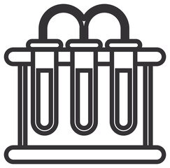 Black vector icon of three test tubes in a laboratory rack connected by tubing, minimalist science illustration for chemistry research, medical testing, and scientific experiments symbol. © Hania