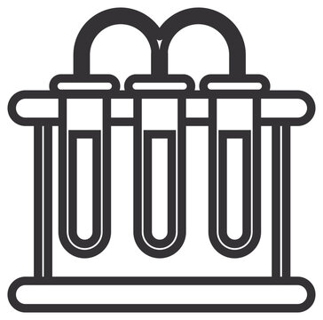 Black vector icon of three test tubes in a laboratory rack connected by tubing, minimalist science illustration for chemistry research, medical testing, and scientific experiments symbol.
