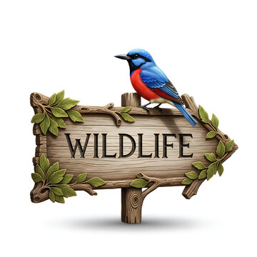 colorful bird perched on wooden wildlife sign with green leaves