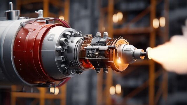 Engineering Innovation: A close-up view of a high-tech engine, emitting a fiery jet of energy and smoke, set against an industrial backdrop.