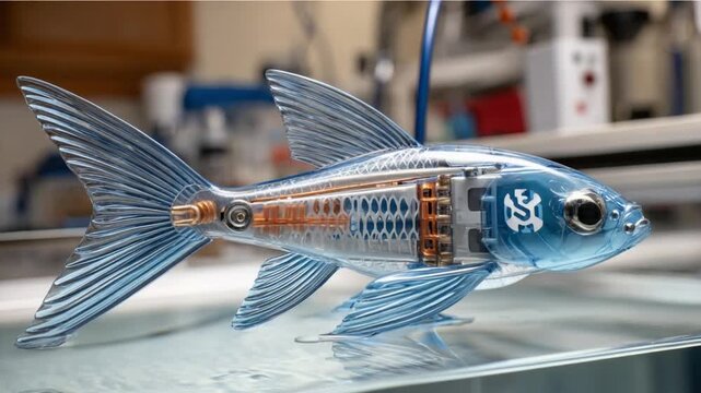 Technological marvel fish in lab setting: A meticulously crafted, transparent robotic fish, a testament to scientific ingenuity, rests on a glass surface within a modern laboratory setting.