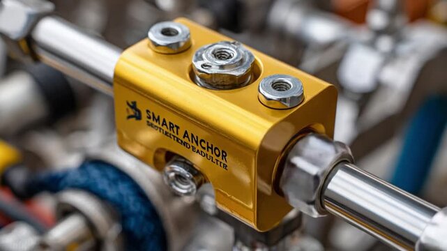 Smart Anchor: A detailed close-up shot of a sophisticated and robust metallic anchor component, showcasing the precision and intricacy of its design. 