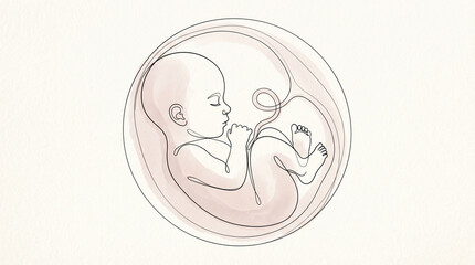 Fototapeta premium Continuous line drawing of a human fetus in the womb, minimalist embryo illustration symbolizing pregnancy, new life, and prenatal development isolated on white background