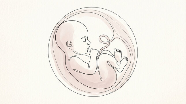 Continuous line drawing of a human fetus in the womb, minimalist embryo illustration symbolizing pregnancy, new life, and prenatal development isolated on white background