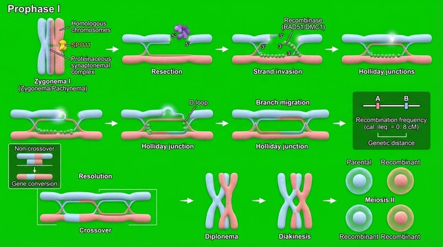 A detailed illustration of the prophase I stage in cell division, showcasing various processes and structures.