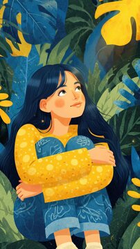 Inner peace and mental wellbeing, young woman finding solace amidst lush vibrant nature, thoughtful introspection, self care and emotional tranquility