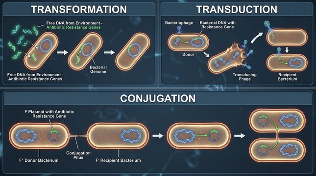 An infographic illustrating the three main methods of bacterial gene transfer: transformation, transduction, and conjugation.
