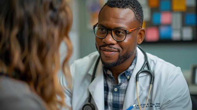 In a serene clinic setting, a doctor clad in a white coat conducts a consultation, offering guidance and reassurance to the patient during a routine medical check-up