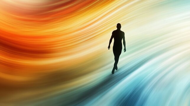 Silhouette of a person walking on a colorful background