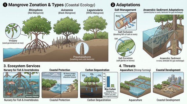 An educational infographic about mangrove zonation, types, adaptations, ecosystem services, and threats to mangrove forests in coastal ecology.