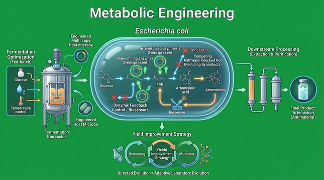 A detailed infographic illustrating the process of metabolic engineering in Escherichia coli