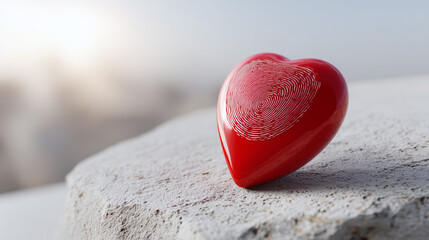 Fototapeta premium Glossy red heart with unique fingerprint detail resting on a rough concrete surface, symbolizing love, identity, and security with copy space.