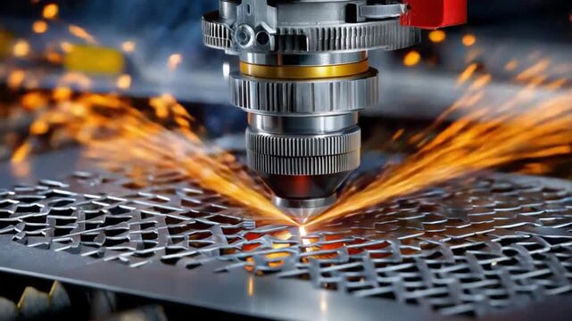 Laser Precision: A close-up view of a high-tech laser cutting machine in operation, precisely carving intricate patterns into a sheet of metal with sparks flying.