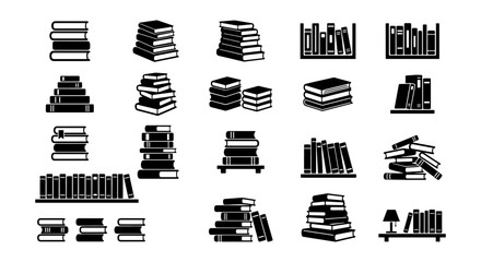 Minimalist book icons set, black and white library symbols, collection of 20 book stack and bookshelf vector illustrations for education and reading © Shihab
