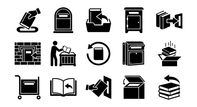 Library book return icons set, 15 black solid vector symbols for book drop and circulation, educational literature management graphics
