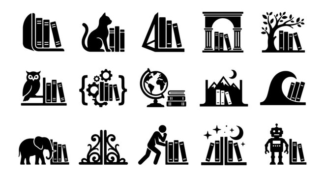 Minimalist bookend icon set, 15 black vector book holder symbols, creative library shelf organization icons for bookstore branding and education