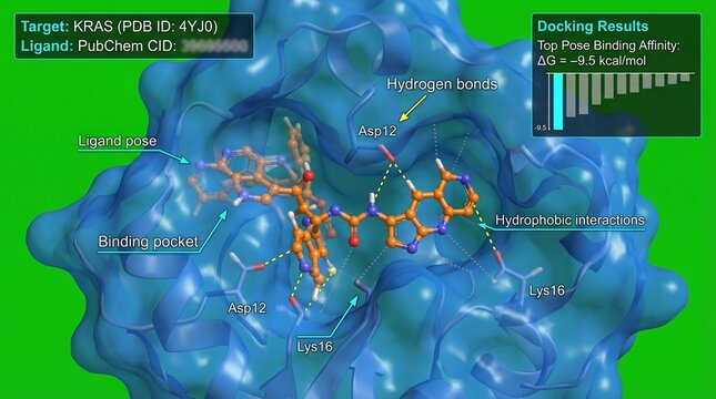 A computer-generated image of a molecular structure with a ligand bound to a protein, illustrating docking results and binding affinity