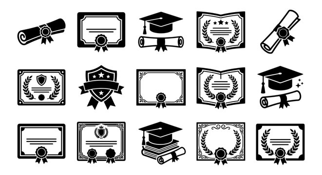 Graduation icons set with 15 black vector elements, diploma scrolls and academic caps, certificate border frames and achievement award symbols