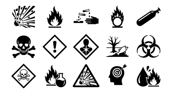 GHS hazard symbols set, industrial safety warning icons, chemical danger signs collection. 15 black vector pictograms for laboratory and workplace security.