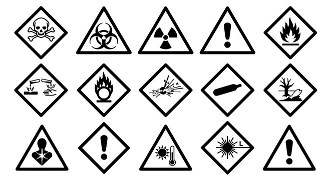 Hazardous material warning signs, set of 15 industrial safety icons, black and white GHS chemical hazard symbols, toxic and flammable vector pictograms