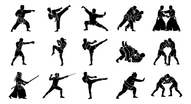 Martial arts silhouette collection, 15 combat sports icons vector set, karate judo and boxing fighter poses, kendo and fencing athletes silhouettes
