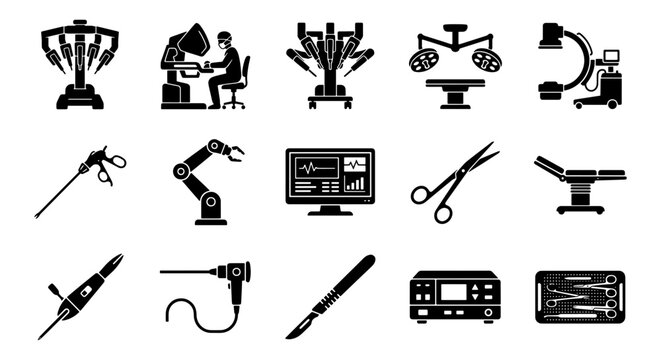 Robotic surgery icons set, 15 black vector elements for high-tech medical procedures, surgical robot and operating room equipment symbols