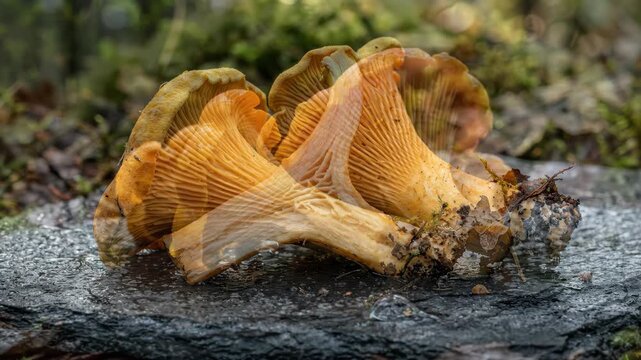 A macro view of a freshly foraged chanterelle mushroom cross-section on dark slate, the interior flesh showing a dense cream-white context with no hollow center, false gill