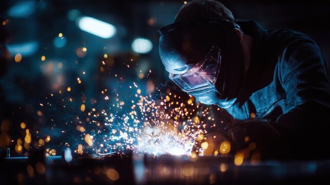 Welder performing arc welding sparks, intense closeup with protective helmet and gloves, bright molten arc on metal bracket, focused seam welding for battery mount, cool blue background lighting,