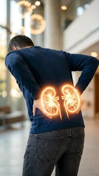 Renal system ailment: kidney disease, person suffer, body ache, internal discomfort, medical concept, organ problem, painful condition, urology health, filtration issue, human anatomy.