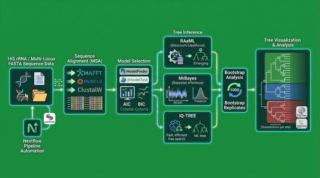 A flowchart illustrating the bioinformatics pipeline for genetic sequence analysis and tree visualization