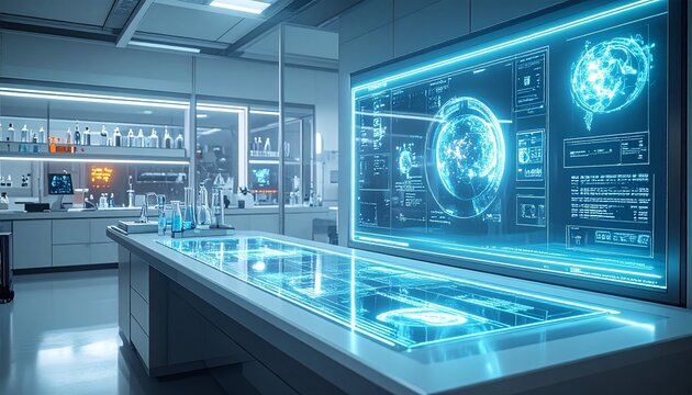Futuristic laboratory with advanced technology and holographic displays.