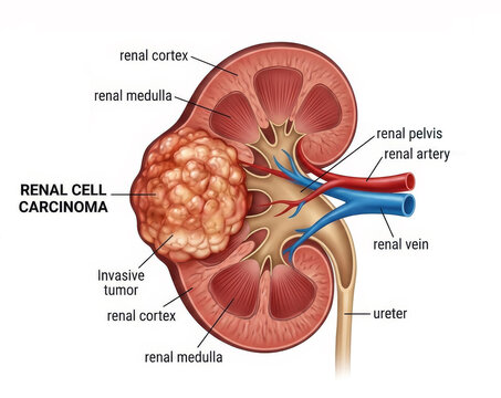 Renal Cell Carcinoma (Kidney Cancer) Medical Illustration with Labeled Anatomy and Invasive Tumor