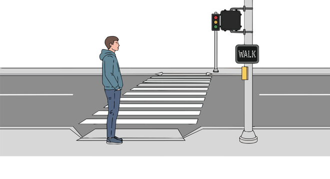 Young Man Waiting at a Pedestrian Crosswalk with Traffic Signal