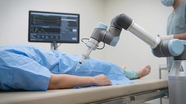 In a sterile clinic, a medical team guides a robotic arm to perform a precise microinjection on a patient, exemplifying the seamless integration of technology and healthcare