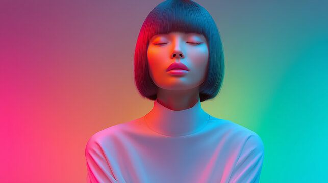 Person Sitting Calmly with Eyes Closed, Soft Breathing Expression, Background Split into Muted Tones and Soft Colorful Gradients, Minimal Composition, Recovery and Therapy Concept

