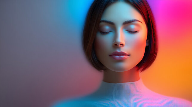 Person Sitting Calmly with Eyes Closed, Soft Breathing Expression, Background Split into Muted Tones and Soft Colorful Gradients, Minimal Composition, Recovery and Therapy Concept

